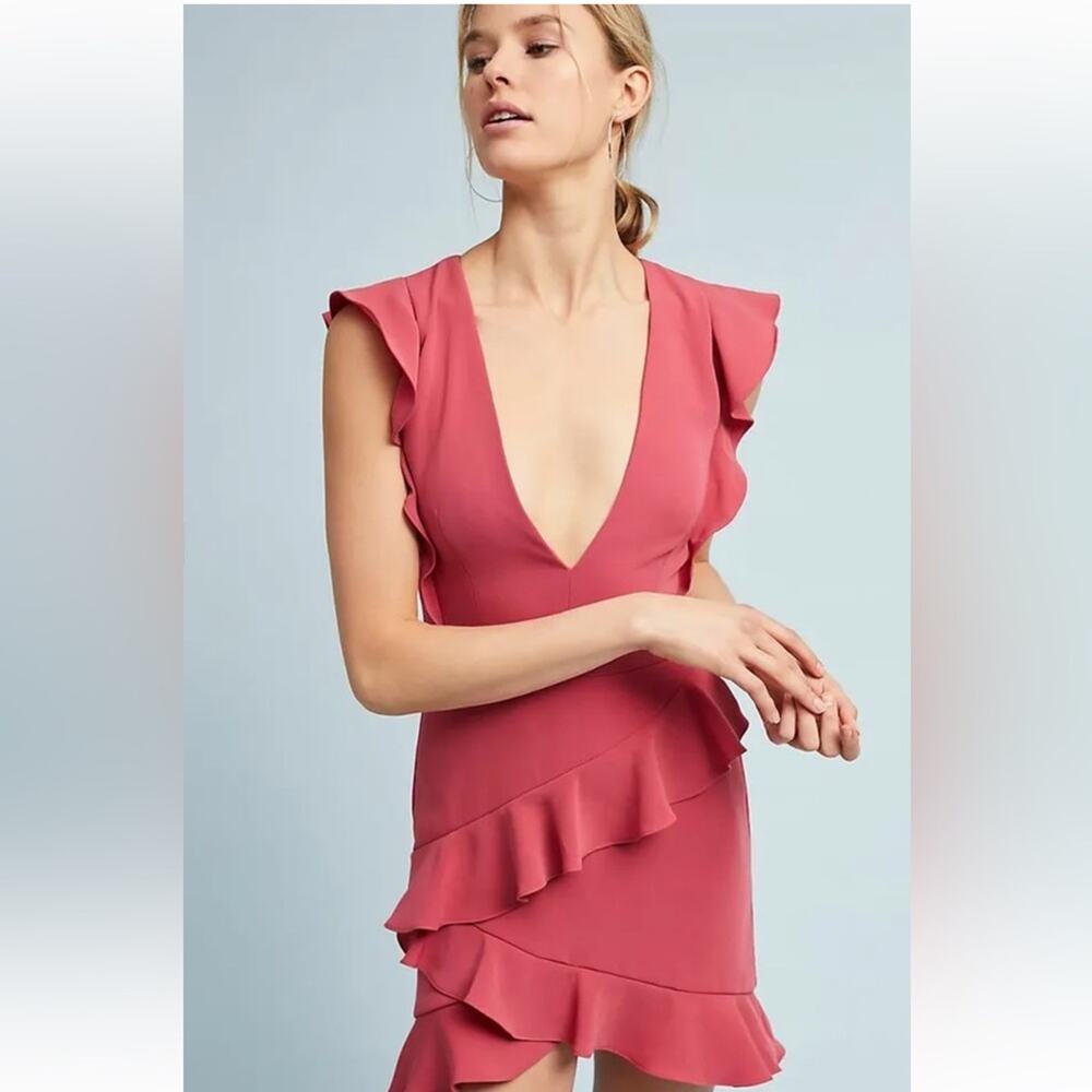 Monique Lhuillier Asymmetrical Tiered Ruffle Sleeveless Dress Coral Pink 0